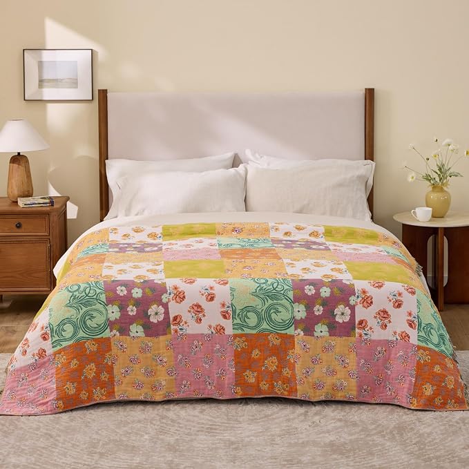 RILIHO 100% Cotton Boho Throw Blanket for Home Decor – Classic Farmhouse Quilt Bedding, Muslin Blankets for Adults, Vintage Woven Decorative Blanket for Couch, Bed Layering Use, Patchwork, 50"x60"