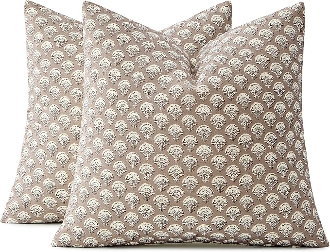 MIULEE Floral Print Decorative Pillow Covers 18x18, Light Taupe | Vintage Boho Farmhouse Modern Home Decor, Set of 2, Block Print Cushion Covers for Couch Sofa Bed Living Room