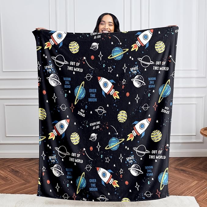 Wajade Toddler Fleece Space Blanket for Boys Kids 3D Rocket Planets Soft Throw Blanket Birthday Christmas Halloween Space Decor for Children 60"x80"