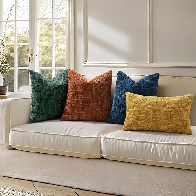 decorUhome Textured Chenille Throw Pillow Covers 12x20 Set of 2 Green | Fall Modern Farmhouse Soft Cozy Slubby Couch Pillow Cases Boho Decorative Pillow Cases for Bed Sofa Living Room Home Decor