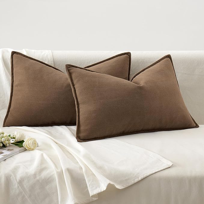 MIULEE Pack of 2 Dark Brwon Decorative Lumbar Chenille Pillow Covers 12x20 | Soft Couch Throw Pillows,Farmhouse Cushion Covers with Elegant Design for Sofa,Bedroom,Living Room,Spring Home Decor