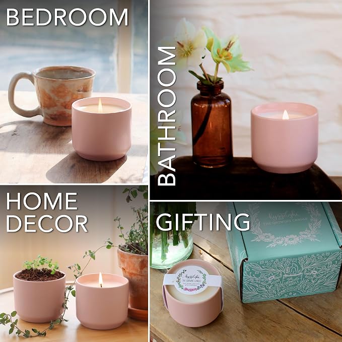 The Growing Candle, Unscented Fragrance Free Candles, 8oz Ceramic Pot, 100% Soy, Adelyn
