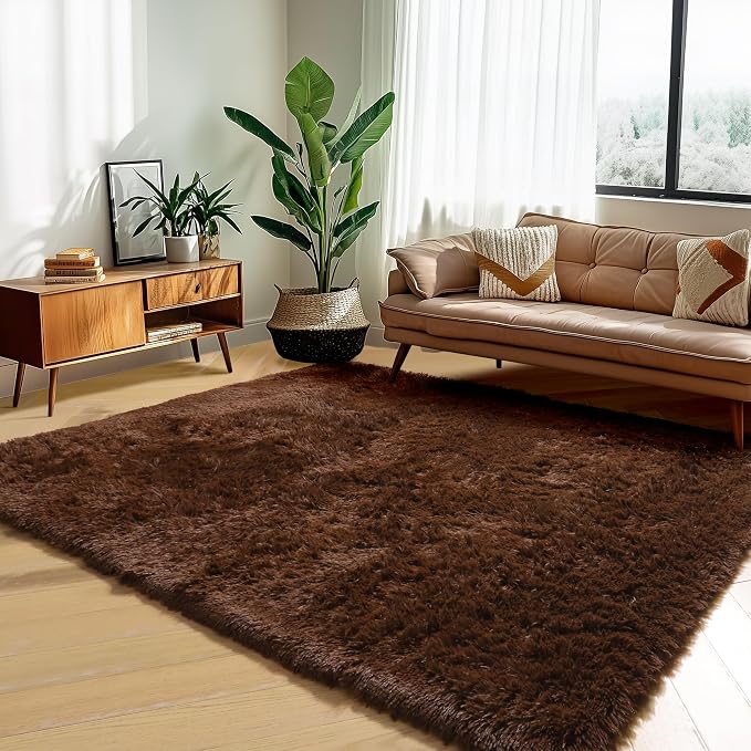 Amdrebio Chocolate Brown Furry Area Rug 5x7 for Living Room Bedroom Dorm | Plush Fuzzy Fluffy Carpet, Nursery Classroom Office Playroom Apartment Decor, Vintage Rustic Farmhouse Aesthetic, Dark Brown