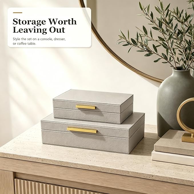 Decorative Storage Boxes with Lids, PU Faux Leather, 2 Pack,Grey | Bookshelf Home Decor Box with Gold Metal Handle, Store Photos, Documents and Memory Box Keepsakes