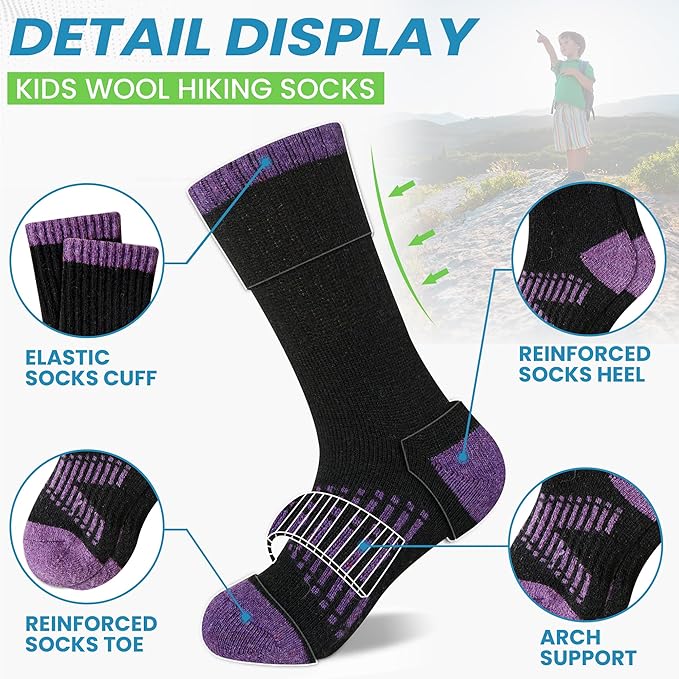 WEVIAS Kids Merino Wool Hiking Socks Boys Thermal Winter Cozy Boot Warm Cushion Socks 6 Pairs