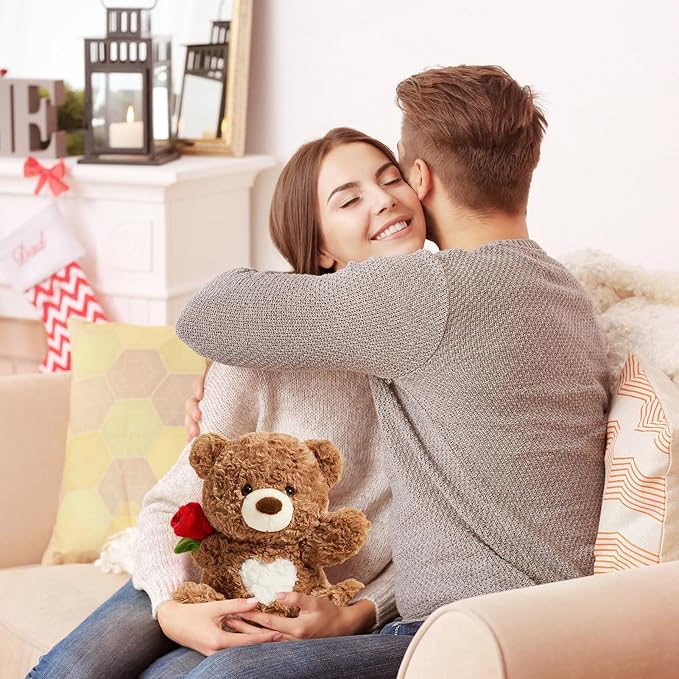Rose Teddy Bear Stuffed Animals Soft Plush Toy Teddy Bear with Rose Gift for Mother Girlfriend Birthday Wedding 10", White