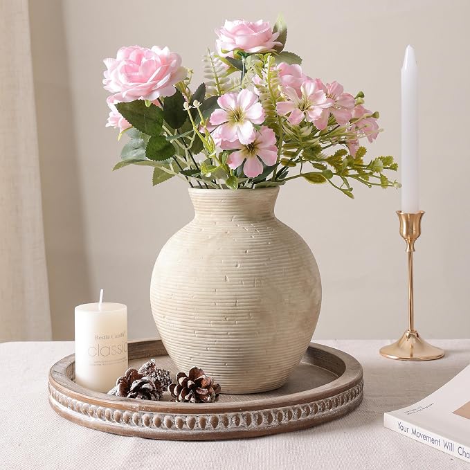 Ceramic Flower Vase Home Decor, 7.4 in Farmhouse Table Vases Rustic Vintage Living Room Kitchen Bedroom Decoration Pottery Decorative Vases for Flowers House Shelf Office Desk Dining Entryway, Retro