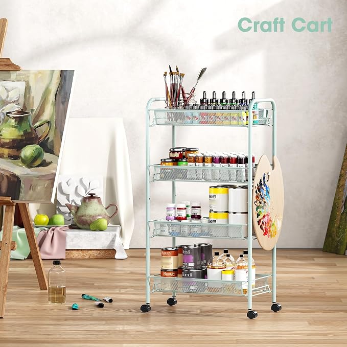 TOOLF 4 Tier Rolling Cart, Metal Utility Storage Cart with Wheels, Green | 3 Hooks, Screwless Assembly, Trolley Organizer for Bathroom, Kitchen, Office, Nursery, Dorm, Laundry Room