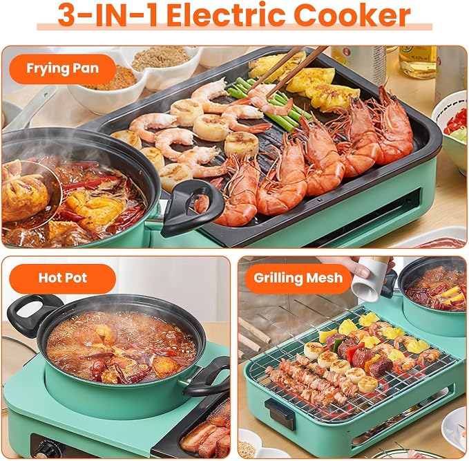 3 in 1 Electric Hot Pot with Grill Smokeless Non-Stick Pot and Griddle | Korean BBQ Grill Shabu Shabu Pot Divider Independent Dual Temperature Control for 3-5 People(1600W)