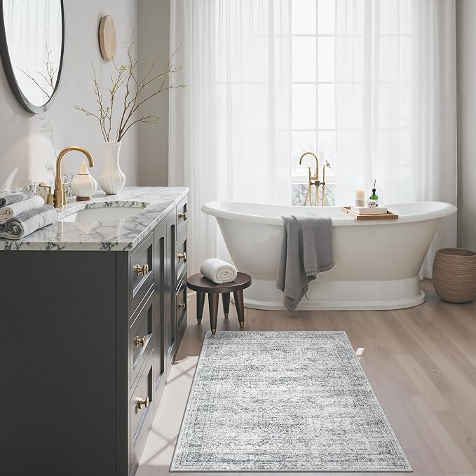 Soalmost 2x3 Washable Rugs for Kitchen, Entryway, Small Area Rug Grey | Non-Slip Vintage Low Pile Throw Door Mat For Bathroom Entry Laundry Powder Room, Stain Resistant Indoor Entrance Floor Carpet