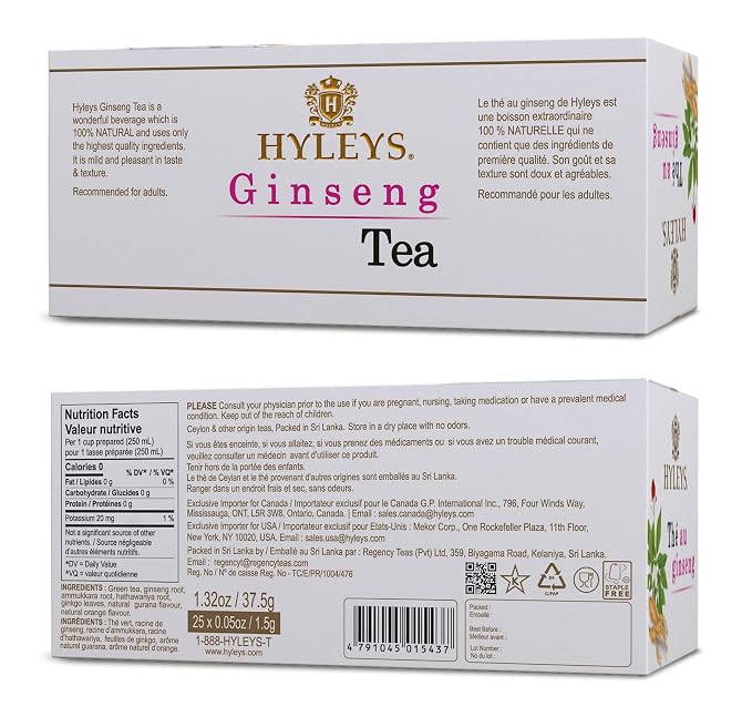 Hyleys Ginseng & Green Tea with Natural Guarana & Orange Flavor - Herbal Energy Tea - 25 Tea Bags