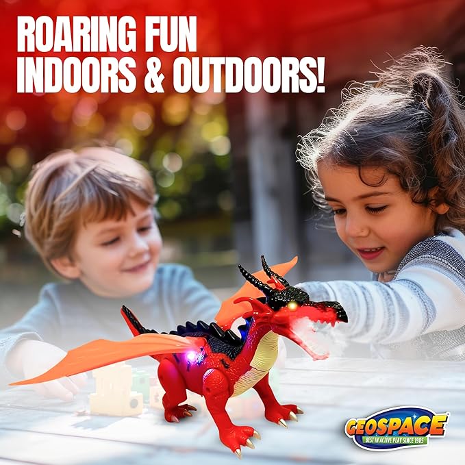 Geospace New Dragon Walking Dinosaur Toy – Smoke Breathing Fire Dragon Toy for Kids 3 & up, Walking Dinosaur Toys with Lights, Roaring Sound, Dragons Action Figure, Dragons for Gift (Luna)