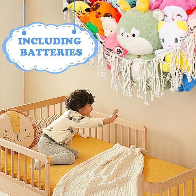Stuffed Animals Hammock with LED Light Included 2Batteries - 63 inch XX-Large Boho Style Toy Storage Net - Corner Hanging Hammock for Small or Large Plushies Organize & Girls Room Decor, Baby Nursery