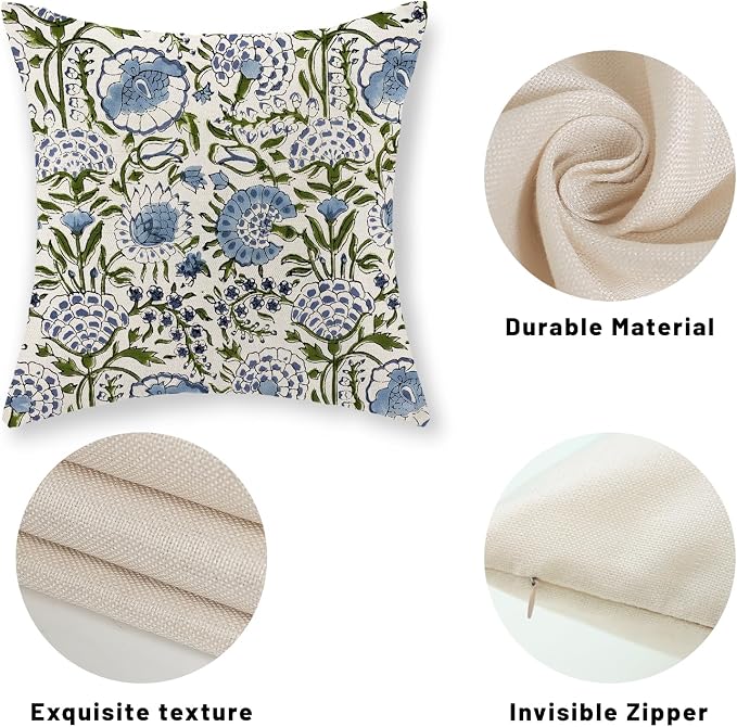 Boho Navy Blue Pillow Covers 16x16 Inch Set of 2 Blue Sage Green Floral Throw Pillows Vintage Flower Outdoor Decorative Pillow Cases Farmhouse Linen Cushion Cover Decor for Couch Sofa Decor