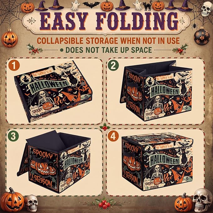 Briwooody Halloween Storage Bin with Lid and Carrying Handle Vintage Halloween Gothic Pumpkin Foldable Storage Box Large Bat Cat Decorative Collapsible Container Basket for Closet Home Bedroom Gift