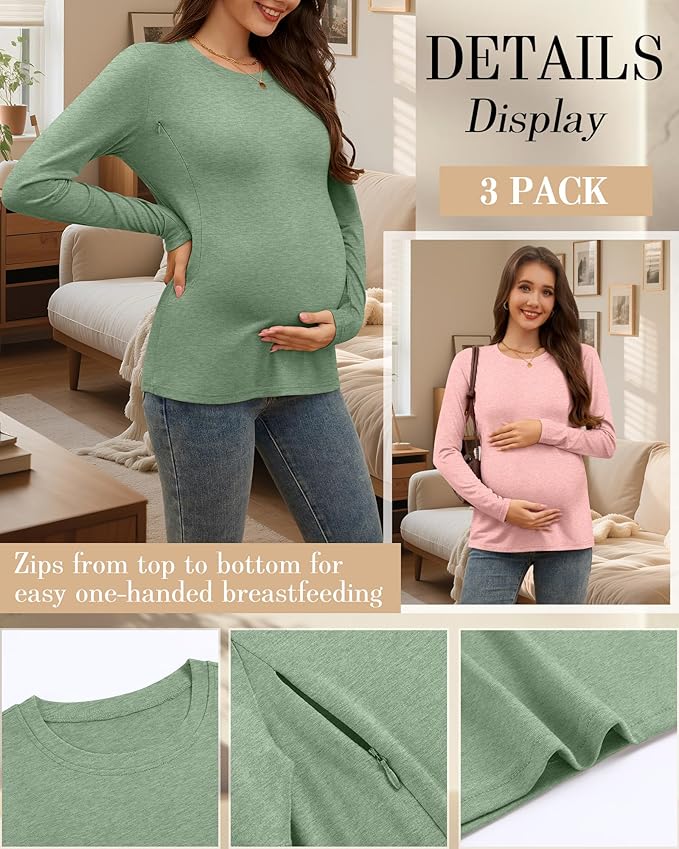 3 Pack Nursing Tops for Breastfeeding Maternity Shirts Zipper Long Sleeve Round Neck Knit Casual Nursing Clothes
