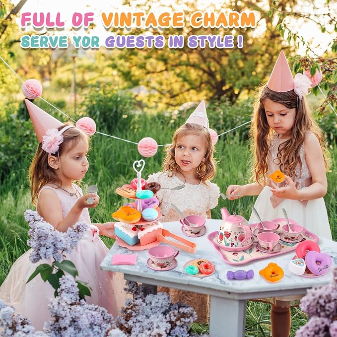 Tea Party Set for Little Girls, Flower Tea Sets Toys for Toddlers Girls Age 3 4 5 6 Year Old, Toddler Kids Kitchen Pretend Play Toys