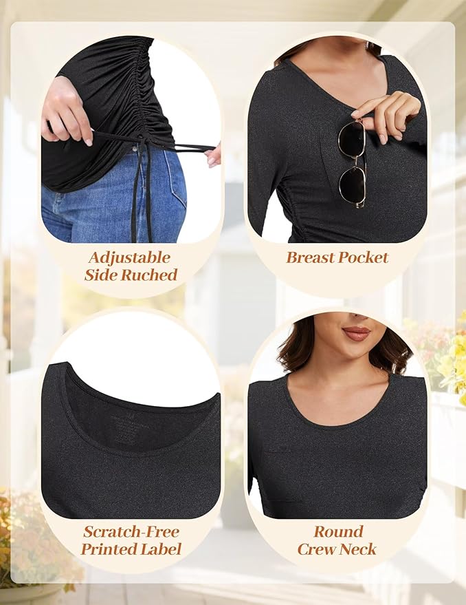 Fotociti Maternity Shirts Long Sleeve, Pregnancy Side Ruched Tops,Women’s Clothes for Mama Work Casual Yoga Wearing