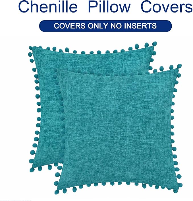CaliTime Decorative Couch Throw Pillow Covers 22 X 22 Inches Lake Blue | Pack of 2, Cozy Chenille Cushion Cases, with Pom Poms for Sofa Bed Living Room Farmhouse Home