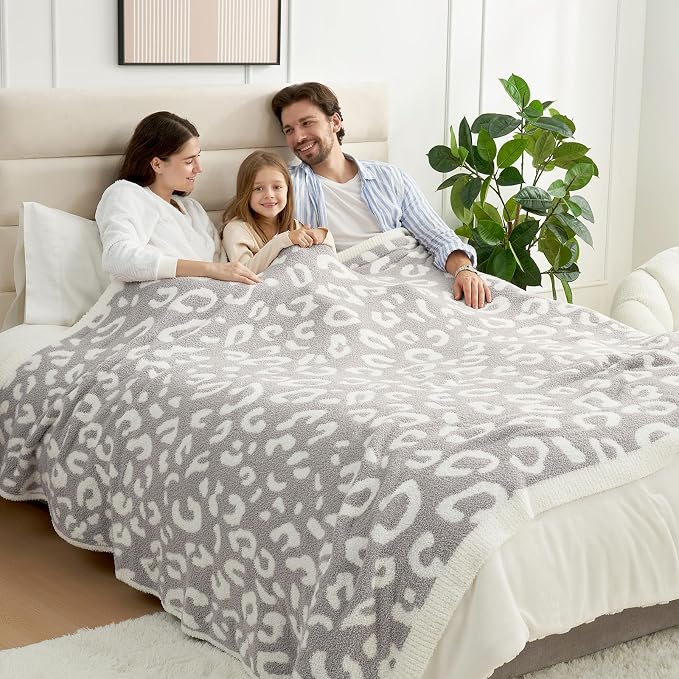 Snuggle Sac Leopard Queen Size Grey Microfiber Fluffy Warm Cozy Fuzzy Soft Blanket Reversible Cheetah Blankets for Bed, Couch, Sofa, 90x90 inches