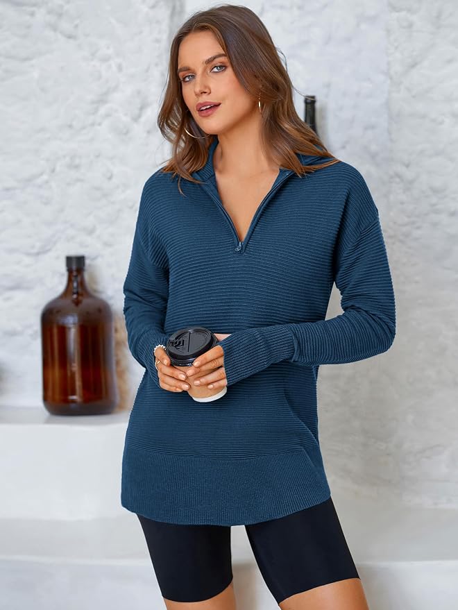 PRETTYGARDEN Womens Long Sleeve Quarter Zip Pullover Sweater Casual Loose V Neck Collared Ribbed Knit Jumper Tops Thumb Hole