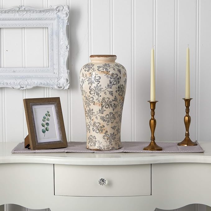 Nearly Natural 16 in Tuscan Ceramic Floral Scroll Urn Vase Room Decor | Vintage Country-Chic Planter, No-Drainage Holes, Sturdy Homey Jar Included, Perfect for Beautiful Inside Arrangements