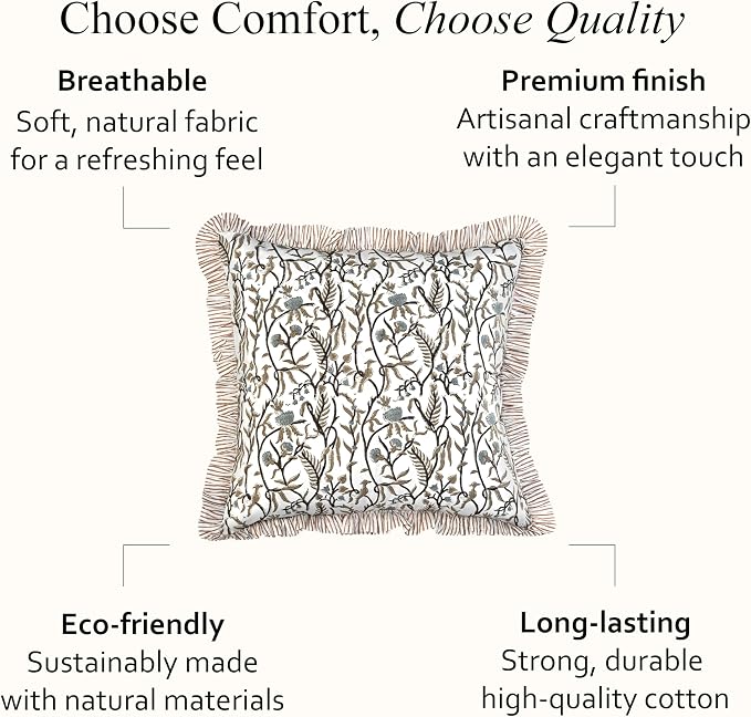CPC Cocoa Vine Hand Block Print 100% Cotton Ruffle Throw Pillow Cover 18x18 inch with Hidden Zipper Decorative for Couch, Bed, Sofa, Farmhouse, Cottagecore Decor Gift Christmas Fall Thanksgiving