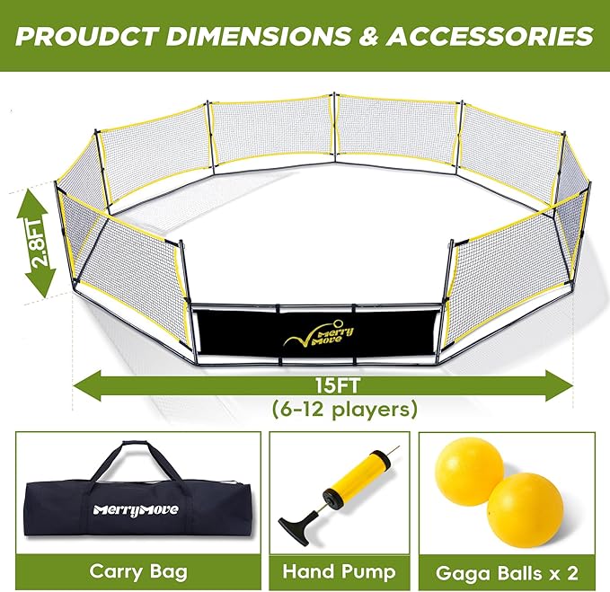 Gaga Ball Pit Portable: 15FT 3in1 Gaga Pit with Basketball Hoop and Soccer Goals - Play System for Kids 4 to 12 Years Old Indoor Outdoor for Backyard School Camp Activities
