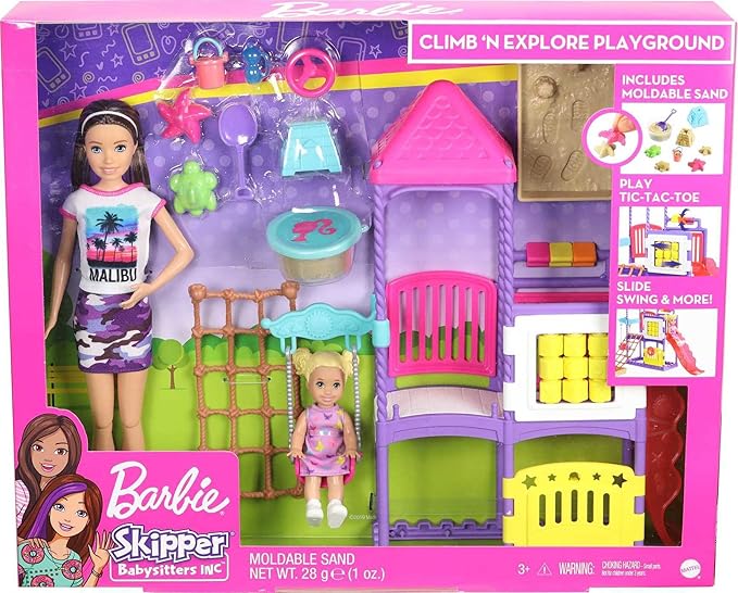 Barbie Skipper Babysitters Inc. Climb 'n Explore Playground Dolls & Playset with Babysitting Skipper Doll, Toddler Doll, Play Station, Moldable Sand & Accessories for Kids 3 to 7 Years Old