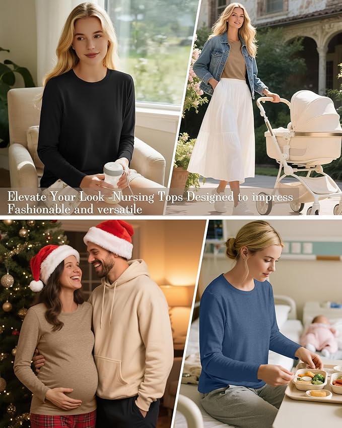 3 Pack Nursing Tops for Breastfeeding Maternity Shirts Zipper Long Sleeve Round Neck Knit Casual Nursing Clothes