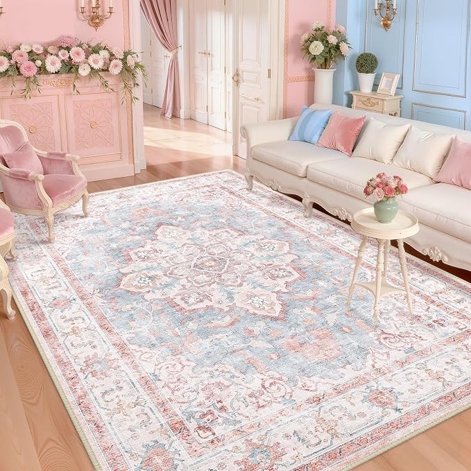 CAPALOCA 6x9 Washable Nursery Girls Low Pile Area Rug Pink Blue | Non-Slip Soft Rugs for Bedroom Kids Playroom Living Room, Print Pattern Water Repellent Carpet Indoor Decor