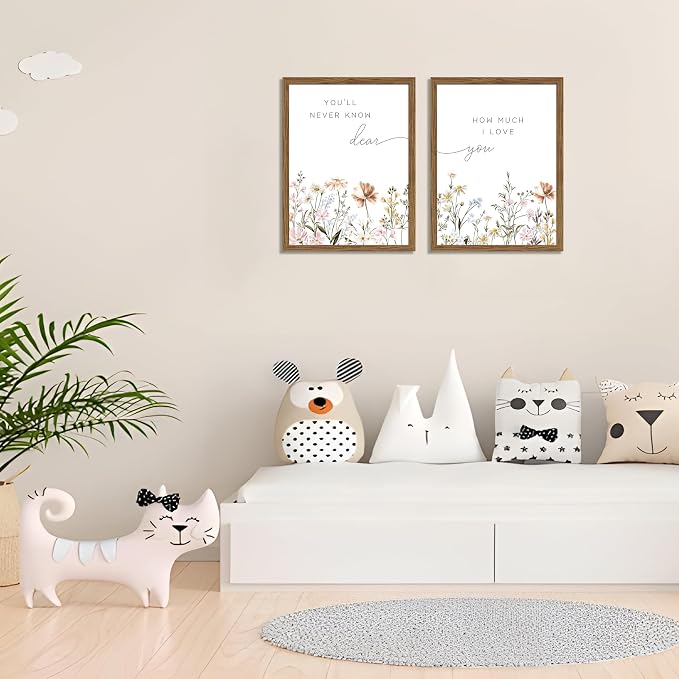 Wood Framed Wildflower Nursery Wall Art Set of 2, Boho Flower Botanical Wall Decor Paintings, Baby Girl Nurseries Pictures Posters Prints for Nursery Baby Room Bedroom Home Decoration 16x24 Inch
