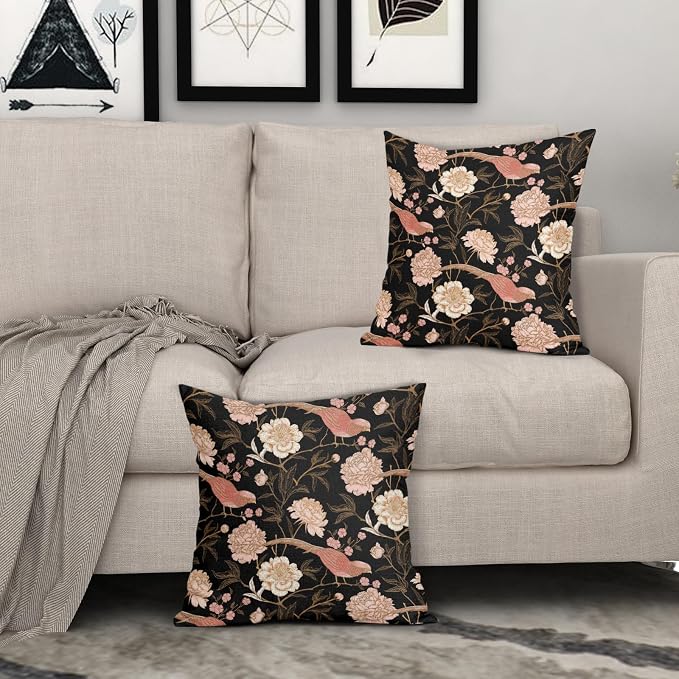 Pink White Roses Floral Pillow Covers 18X18 Inch Set of 2 Retro Flowers Birds Gold Leaf Decorative Pillow Cases Art Vintage Black Cotton Linen Cushion Case Home Decor For Sofa Couch Porch Outdoor