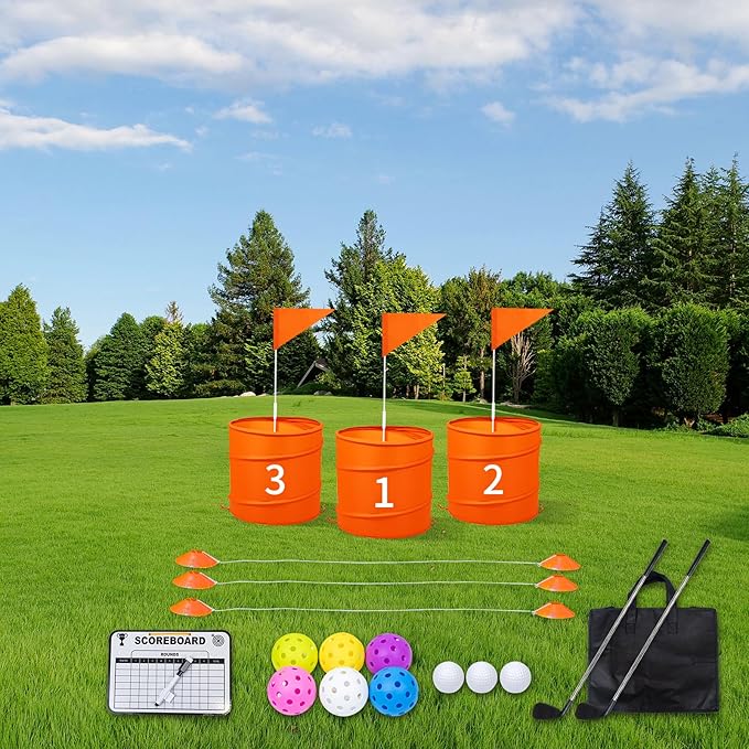 Orange 3PCS Backyard Golf Game, Set with:3Pop-Up Holes + 3 Flags + 6 Tee Boxes + 3 Game Balls + 1 Carrying Bag + 3 Connecting Ropes + 1 Scoreboard + 2 Clubs + 3 Golf Balls + 1 Manual,Outdoor
