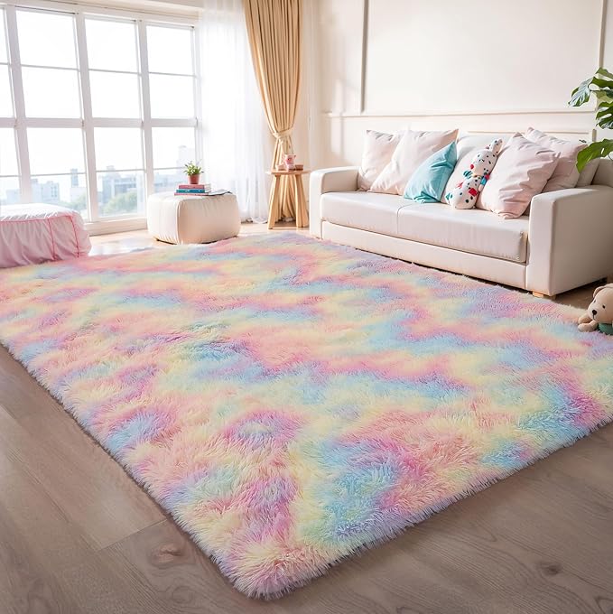5x7 Rainbow Unicorn Rug for Girls Bedroom, Soft Plush Shag Carpet | Area Rug for Living Room, Kids Nursery, Boys Dorm Room, Washable Non Slip Shaggy Carpet