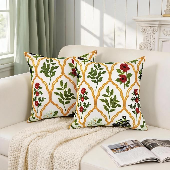Alysheer Spring Summer Floral Embroidered Decorative Throw Pillow Cover 18"x 18" Set of 2, Red Black Flower Embroidery Patterned Multicolor Cushion Case for Sofa Couch Living Room Bedroom Outdoor