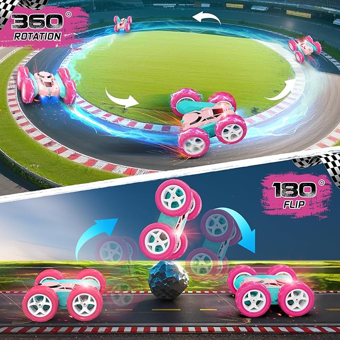 cosone RC Cars, Pink Remote Control Car for Girls, 2.4 GHZ Double Sided RC Stunt Car 360 Rotating Remote Control Cars with Headlights Toys for 6 7 8 9 10 11 12 Girls Birthday Gift
