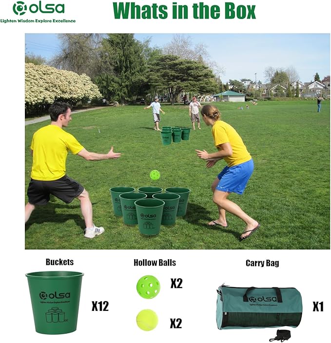 Olsa Yard Pong Outdoor Games, Giant Yard Pong Yard Game with 12 Buckets, Balls, Strength Carrying Bag for Backyard Beach Lawn Park Camping, Toss Outdoor Games for Adults and Family(Green)