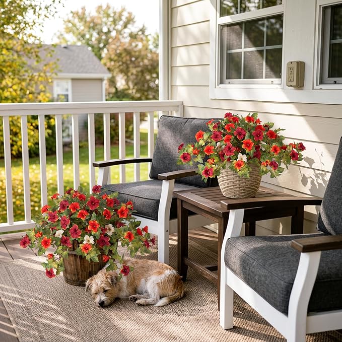 Ammyoo Artificial Fall Flowers Fake Petunias Plants for Outdoor Decoration | 4 Pcs UV Resistant Faux Silk Flowers No Fade Floral for Autumn Garden Balcony Yard Porch Realistic Indoor Decor No watering