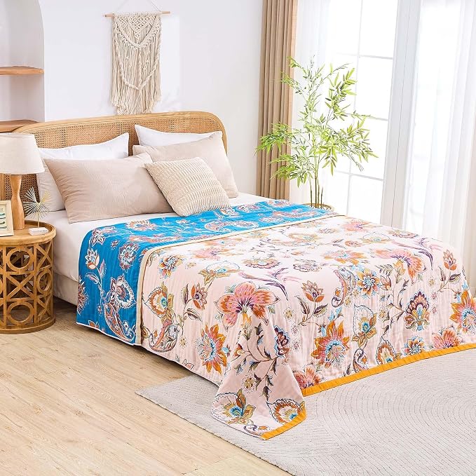 XIBLC Boho Throw Blanket for Bed, 100% Cotton Soft Rustic Quilt Fall Blanket, 90"x98" Floral Printed Farmhouse Decor Bed Blankets, All Season Rustic Reversible Bohemian Throw Quilt