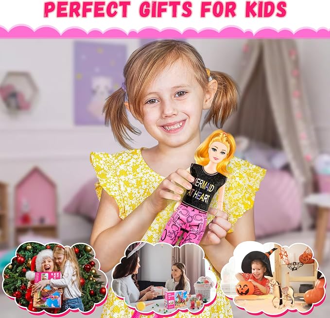 60 PCS Doll Horse Set Toy, Fashion Blonde Doll(11.5 Inch) in Riding Helemt Doll Accessories & Light Brown Horse with Moveable Head, Saddle, Bridle and Reins, for Ages 3 Years Old & Up