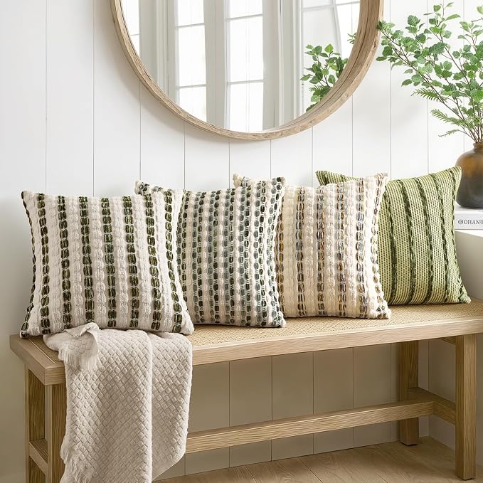 ANRODUO Boho Decorative Throw Pillow Covers Cream Olive 18x18 Inch Set of 2 | Chenille Tufted Pillow Covers, Woven Throw Pillow Covers with Raised Stripes, Neutral Pillowcase for Couch Sofa Living Room