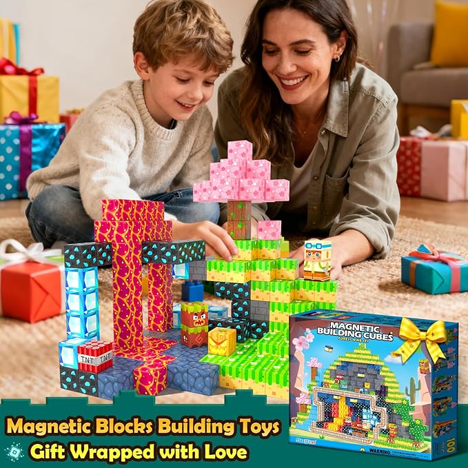 Magnetic Blocks 100 PCS Building Toys for Ages 4-8 9-12 3-5 Forest & Mine Theme Magnet Building Cubes STEM Sensory Toys for Kids Ages 3 4 5 6 7 8 9 10 11 12 Year Old Boys Girls Birthday Gifts