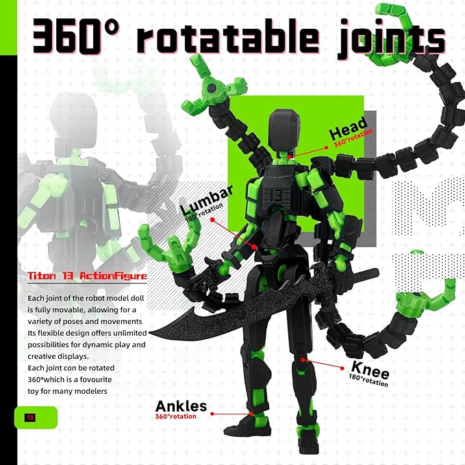 Already Assembled T13 Action Figure Accessories, T13 Multi-Jointed Movable,for Collectors Desktop Decorations t-13 Movability 3D Printed Toys (Black Green, 5.5 Inch)