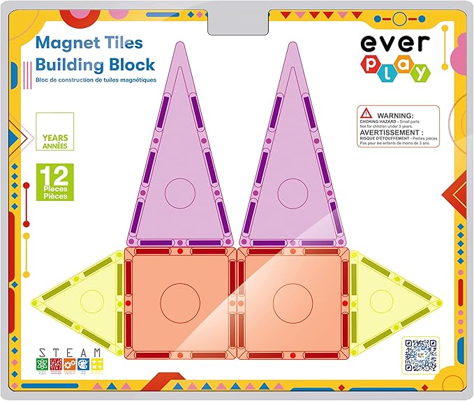 12 Piece Magnetic Tiles Building Blocks for Kids Montessori Sensory Learning Classroom Toys STEM Educational Preschool Magnet Tile Pretend Play Playsets Toddlers Boys Girls Ages 3 and up EB12