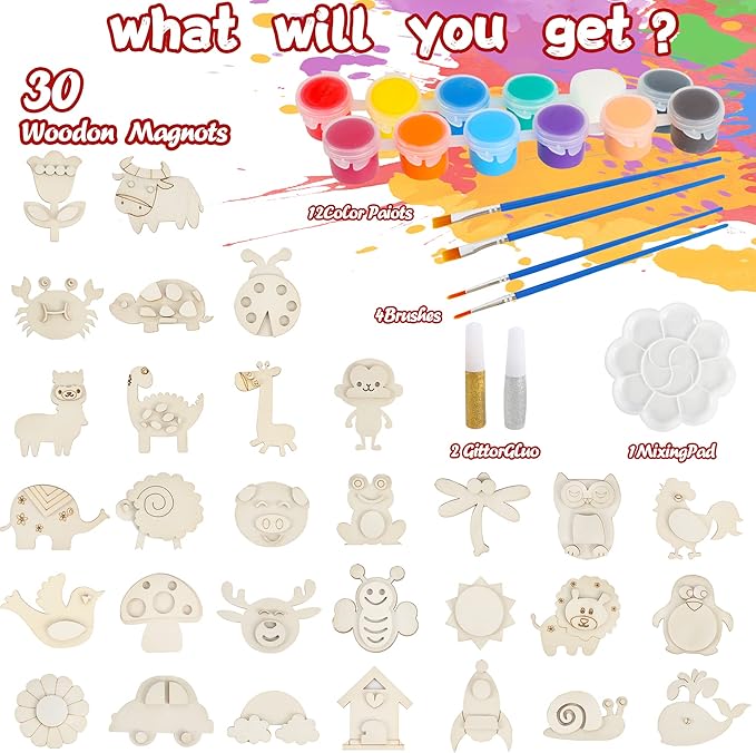 Glintoper 30 Wooden Magnet Painting Craft Kit, Paint Your Own Easter Art and Craft Supplies, Basket Stuffers Party Favors for Boys Girls, Classroom Prize Goodie Bag Gifts for Kids 4-8