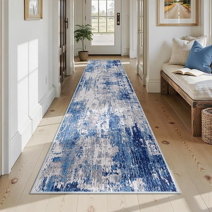 RELEANY Washable Runner 2'6"x14' Abstract Area Rug for Hallway Blue Gray | carpet for kitchen, entryway, bathroom, living room, bedroom, printed pattern, non-slip, soft, stain-resistant, easy to clean