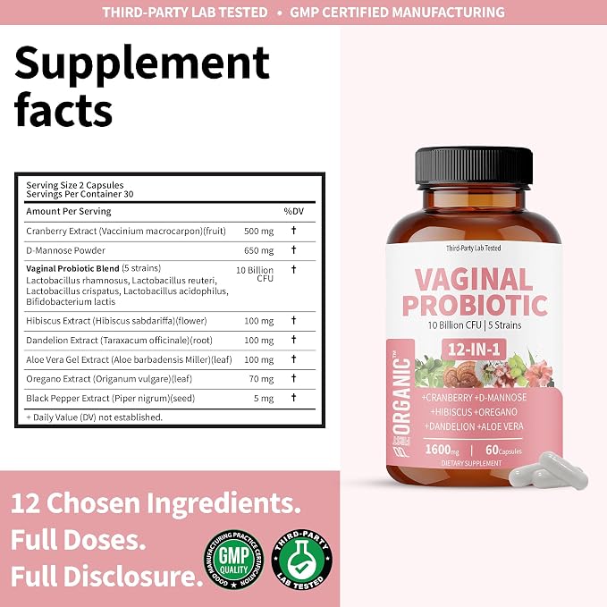 Women’s Vaginal Microflora Probiotic Complex | 1600mg - 60Capsules | Everyday Freshness & Comfort Formula | 12-in-1 Blend with Cranberry, D-Mannose & Hibiscus | Third-Party Lab Tested