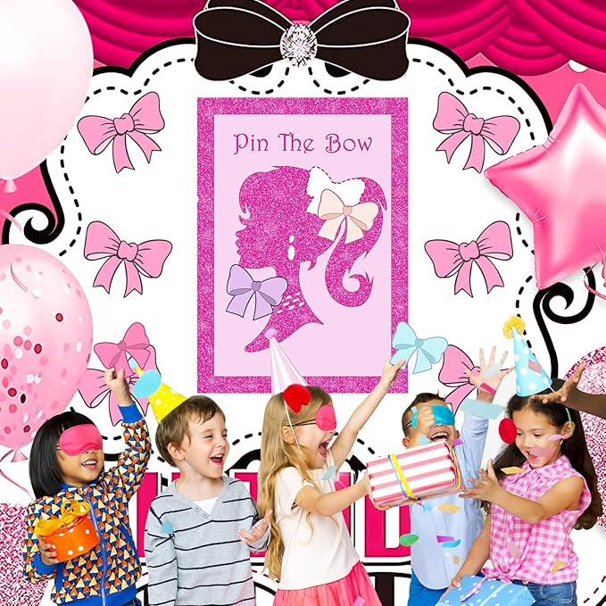 Pink Girl Party Supplies Decorations, Cute Girl Princess Pin The Bow on The Head Party Game, Large Poster with 24Pcs Bow Stickers Favors for Kids’ Birthday Party