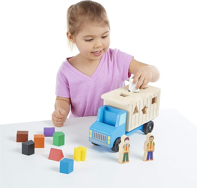Melissa & Doug Shape-Sorting Dump Truck Wooden Toy with 9 Blocks and 2 Toy Figures - Montessori Toys and Toddler Toys for Preschool Learning Activities